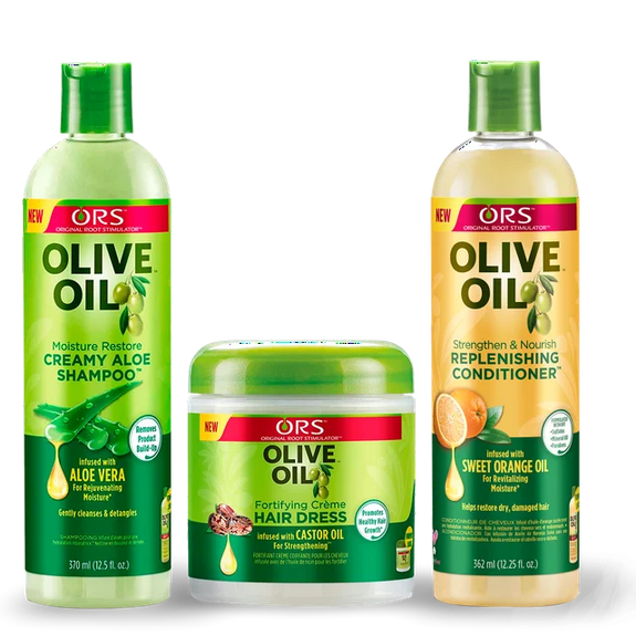 ORS - OLIVE OIL Creamy Aloe Shampoo 16 oz / Replenishing Conditioner 16 oz / Fortifying Creme Hair Dress 6 OZ  BUNDLE