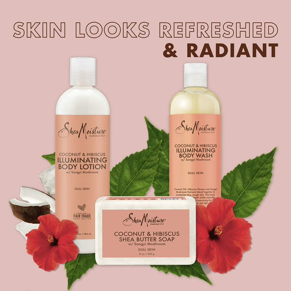 Sheamoisture Bath And Body Kit For Dry Skin Coconut And Hibiscus Illuminating Skin Care body wash 13 oz ,body lotion 13 0z ,soap 8 0z