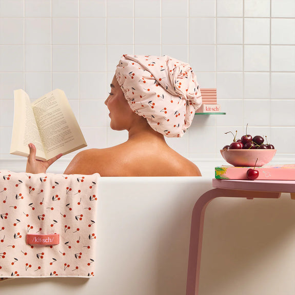 KITSCH Cherry Print Satin Shower Cap