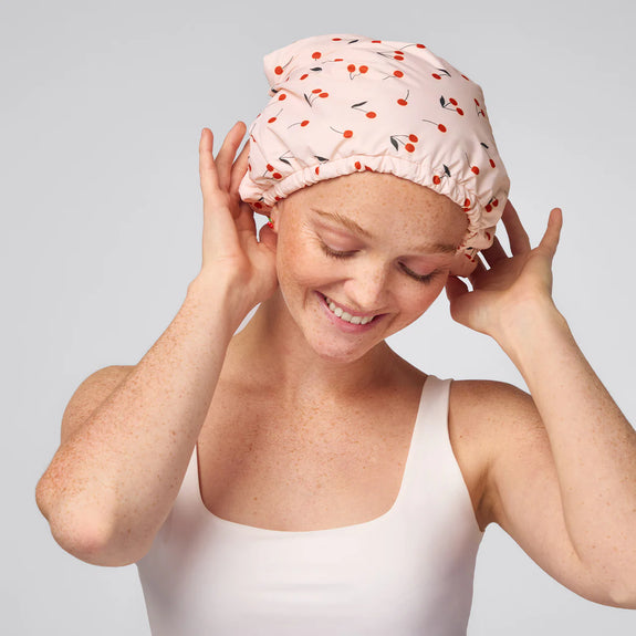 KITSCH Cherry Print Satin Shower Cap