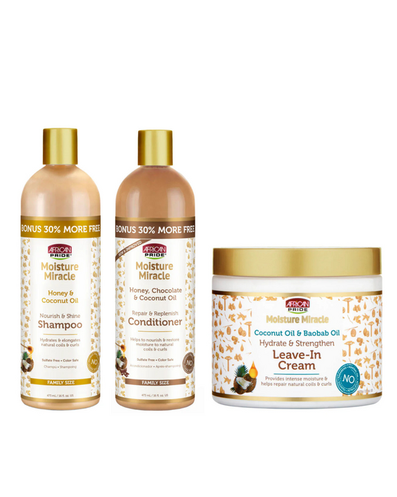 African Pride Moisture Miracle Wash Day Essentials – Shampoo ,Conditioner &  Leave In Conditioner Combo