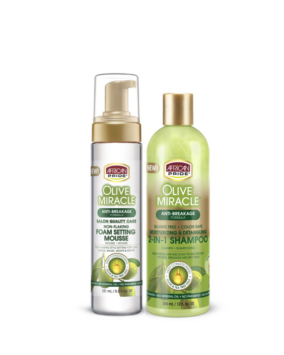 African Pride 2-Piece Hair Care Set – Olive Miracle Mousse + 2-in-1 Shampoo