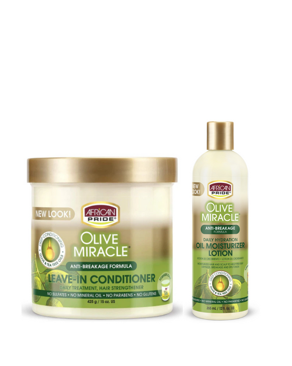African Pride Olive Miracle Leave-In Conditioner 15 0Z + Moisturizing Lotion Set