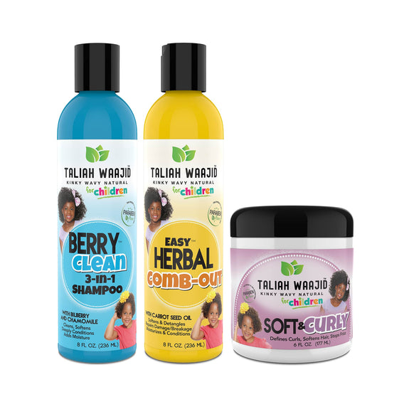TALIAH WAAJID CURLY, WAVY HAIR BUNDLE FOR KIDS BERRY CLEAN 3-IN-1 SHAMPOO 8OZ -EASY HERBAL COMB OUT 8 OZ -SOFT & CURLY FOR NATURAL HAIR 6 OZ