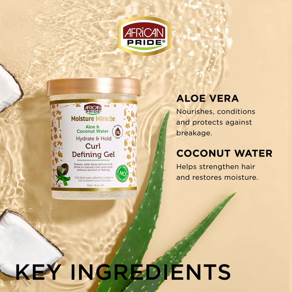 AFRICAN PRIDE MOISTURE MIRACLE ALOE & COCONUT WATER CURL DEFINING GEL, 18OZ