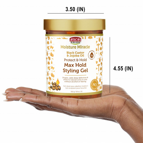 AFRICAN PRIDE MOISTURE MIRACLE BLACK CASTOR & JOJOBA OIL MAX HOLD STYLING GEL, 18OZ