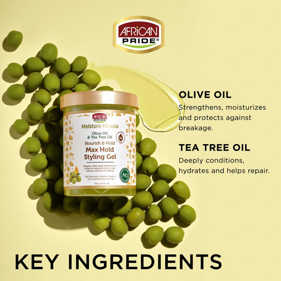 AFRICAN PRIDE MOISTURE MIRACLE OLIVE OIL & TEA TREE OIL MAX HOLD STYLING GEL, 18OZ
