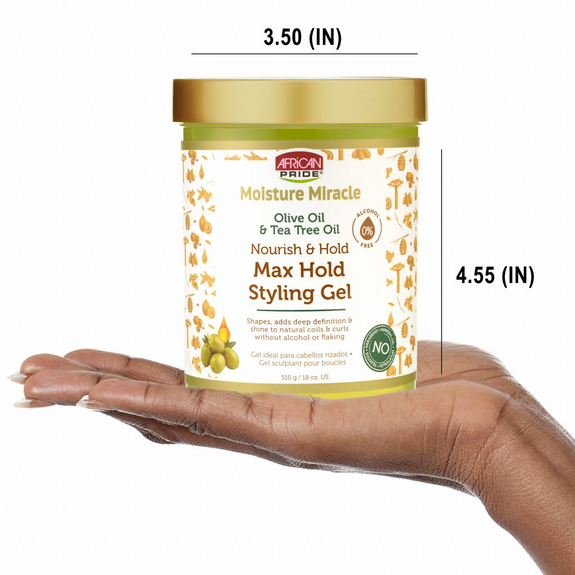 AFRICAN PRIDE MOISTURE MIRACLE OLIVE OIL & TEA TREE OIL MAX HOLD STYLING GEL, 18OZ