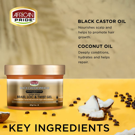 AFRICAN PRIDE BLACK CASTOR MIRACLE BRAID, LOC & TWIST GEL, 8OZ