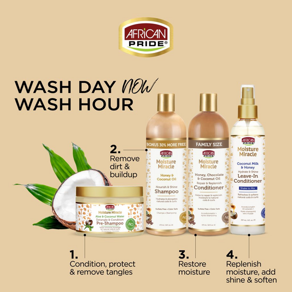 AFRICAN PRIDE MOISTURE MIRACLE ALOE & COCONUT WATER PRE-SHAMPOO, 12OZ