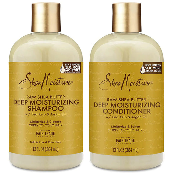 Shea Moisture Raw Shea Butter Shampoo -13 OZ and Conditioner -13OZ Set, Deep Moisturizing with Sea Kelp & Argan Oil, Sulfate Free & Silicone Free, Curly Hair Products, Family Size, 13 Fl Oz