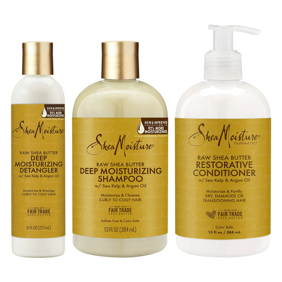 Sheamoisture Raw Shea Butter Hair Care Kit - Sulfate Free Shampoo, Conditioner, Detangler with Sea Kelp and Argan Oil for Curly, Dry, and Damaged Hair