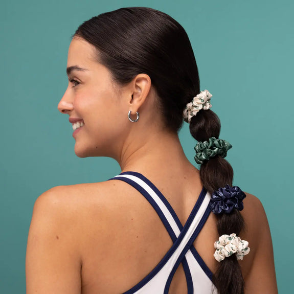 Kitsch Ruched Satin Scrunchies 5pc Set - Cream, Court Green & Navy Blue