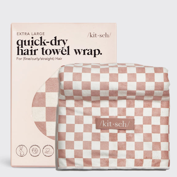 KITSCH  Extra Large Quick-Dry Hair Towel Wrap- Terracotta Checker