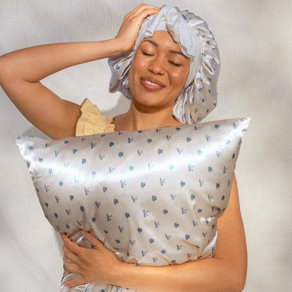 Kitsch Oversized Satin Bonnet - Pearlized Cream & Coastal Blue Print