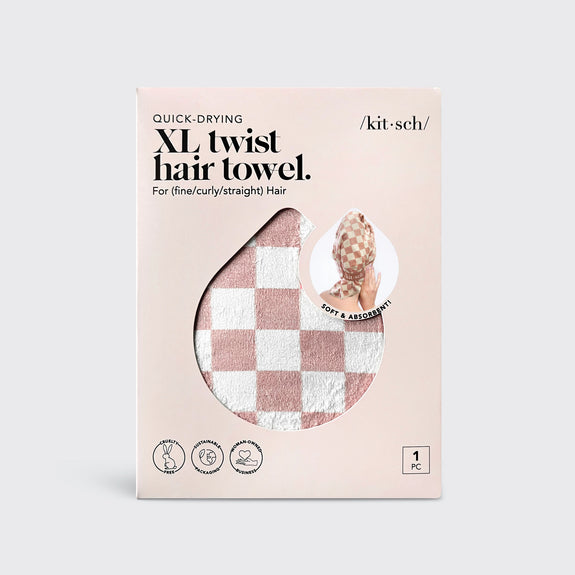 KITSCH  Extra Large Quick-Dry Hair Towel Wrap- Terracotta Checker