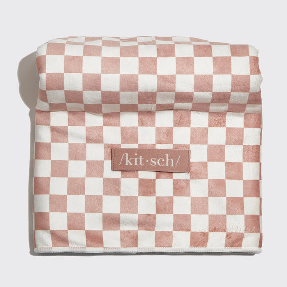 KITSCH  Extra Large Quick-Dry Hair Towel Wrap- Terracotta Checker