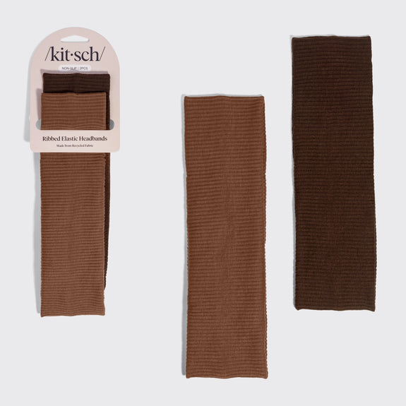 Kitch Recycled Fabric Ribbed Elastic Headbands 2pc Set - Mocha & Chocolate