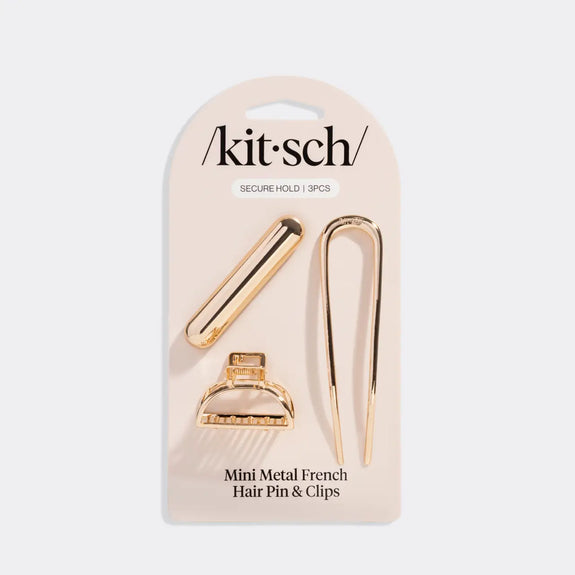Kitsch Mini Metal French Hair Pin & Clips 3pc Set - Gold