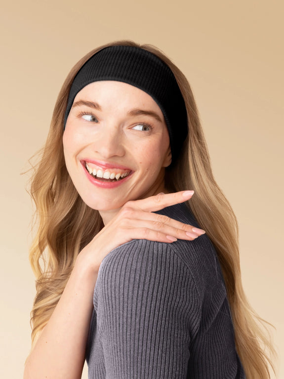 Kitsch Recycled Fabric Ribbed Elastic Headbands 2pc Set - Black