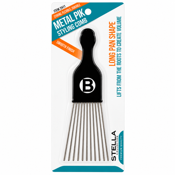 Stella Collection Afro Long Metal Pan Shape Pink Comb