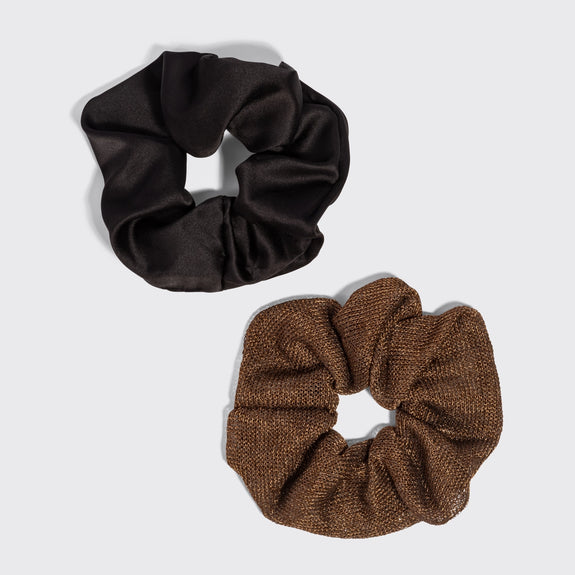 Kitsch Metallic Mesh and Recycled Fabric Satin Scrunchies 2pc Set - Black & Chocolate