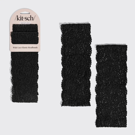 Kitsch Wide Lace Elastic Headbands 2pc Set - Black