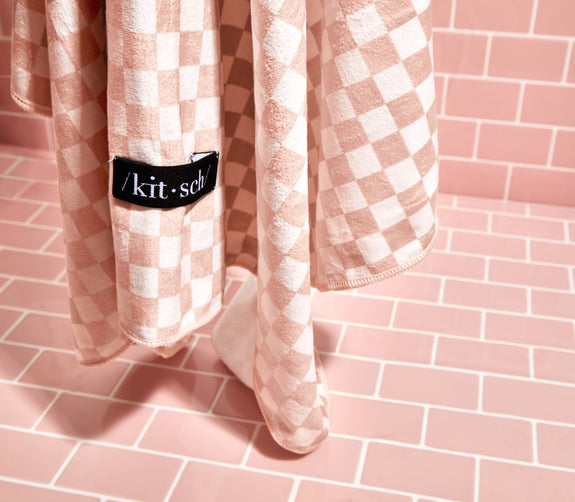 KITSCH  Extra Large Quick-Dry Hair Towel Wrap- Terracotta Checker