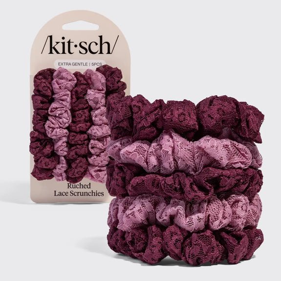 Kitsch Ruched Lace Scrunchies 5pc Set Cherry Lacquer & Dusty Pink