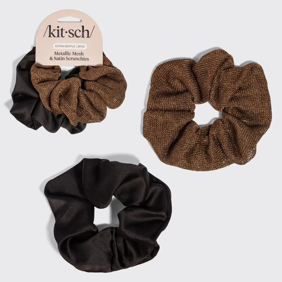Kitsch Metallic Mesh and Recycled Fabric Satin Scrunchies 2pc Set - Black & Chocolate