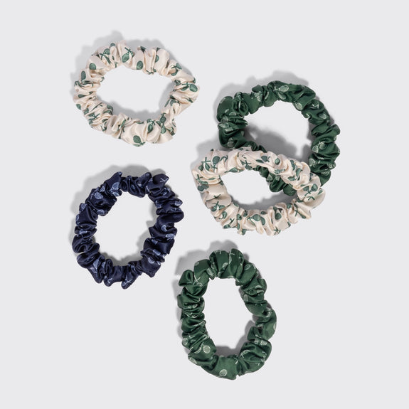 Kitsch Ruched Satin Scrunchies 5pc Set - Cream, Court Green & Navy Blue