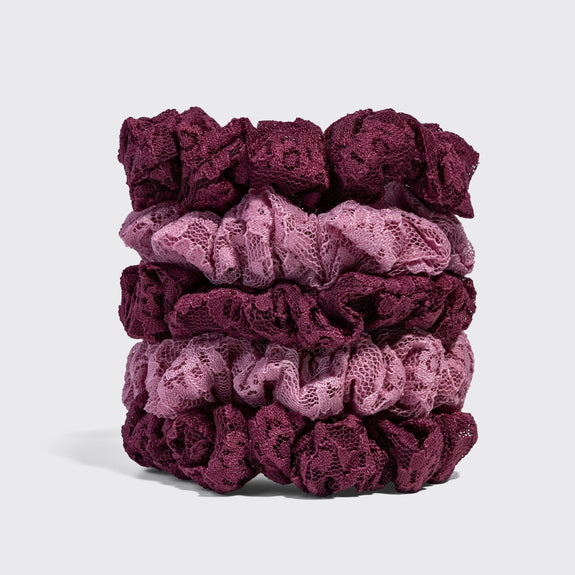 Kitsch Ruched Lace Scrunchies 5pc Set Cherry Lacquer & Dusty Pink