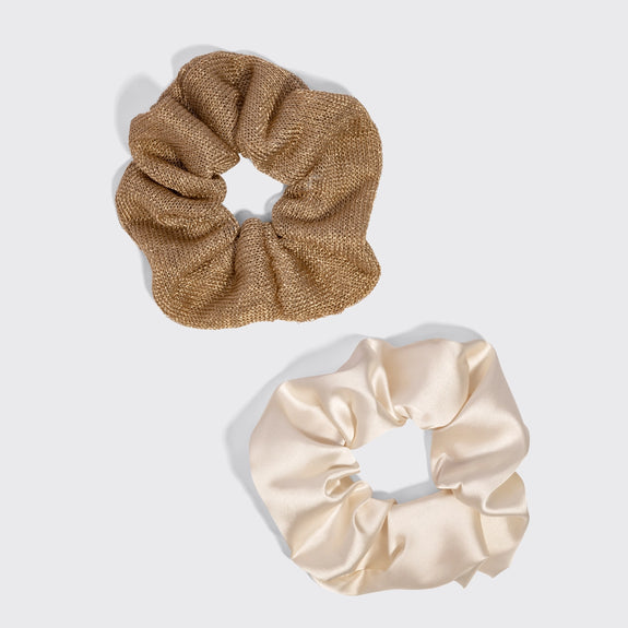 Kitsch Metallic Mesh and Recycled Fabric Satin Scrunchies 2pc Set - Cream & Gold