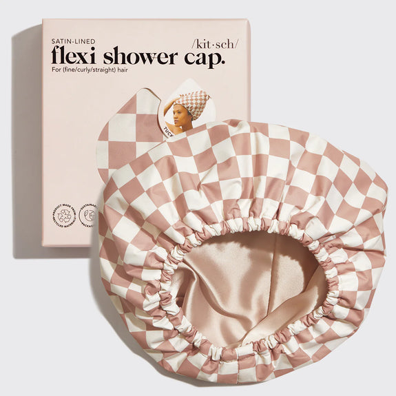 KITSCH Terracotta Checker Satin Shower Cap