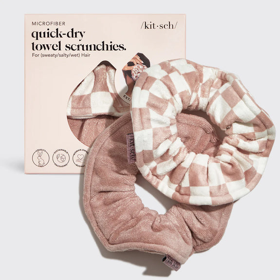 KITSCH Terracotta Checker Microfiber Towel Scrunchies 2pc Set