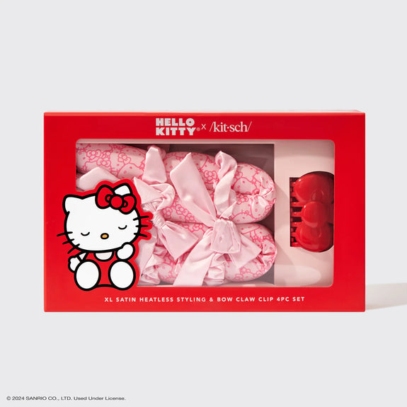 KITSCH Hello Kitty x Kitsch XL Satin Heatless Styling & Bow Claw Clip 4pc Set