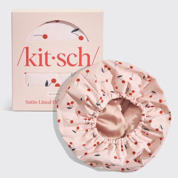 KITSCH Cherry Print Satin Shower Cap