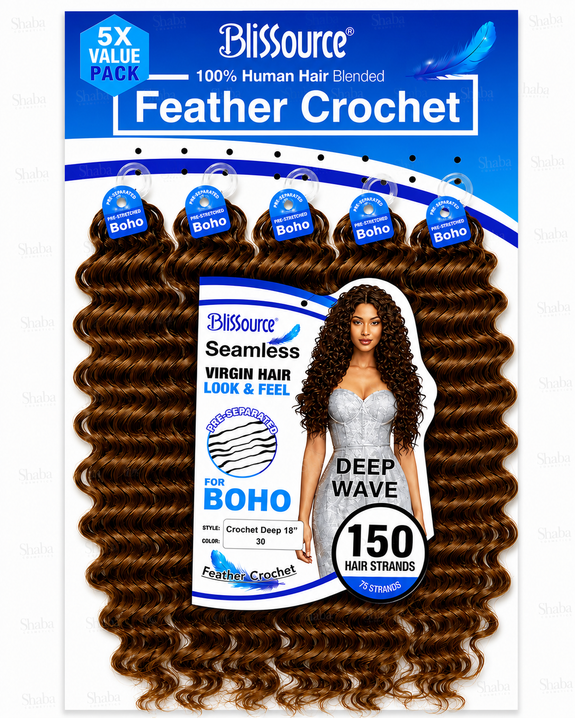 Blissource 100% Human Hair Blended Feather Crochet Boho Crochet Deep 18”