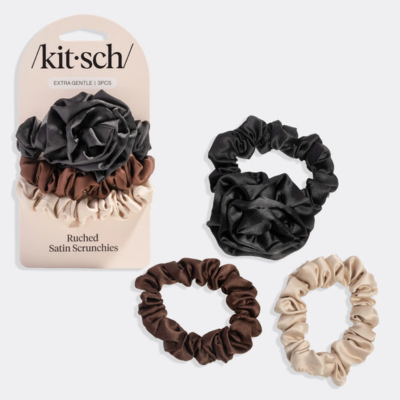 Kitsch Rosette Ruched Satin Scrunchies 3pc Set Black