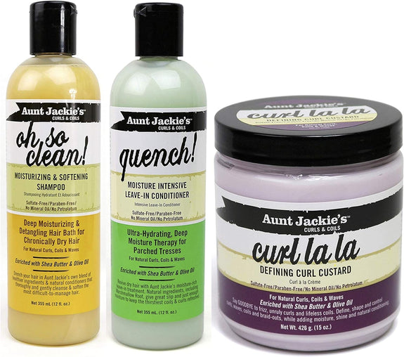 Aunt Jackies Curls & Coils TRIO BUNDLE  [Oh So Clean Shampoo 355ml  Curl La La Defining Curl Custard 426 g  Quench Moisture Intensive Leave In Conditioner 355 ml]