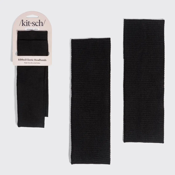 Kitsch Recycled Fabric Ribbed Elastic Headbands 2pc Set - Black