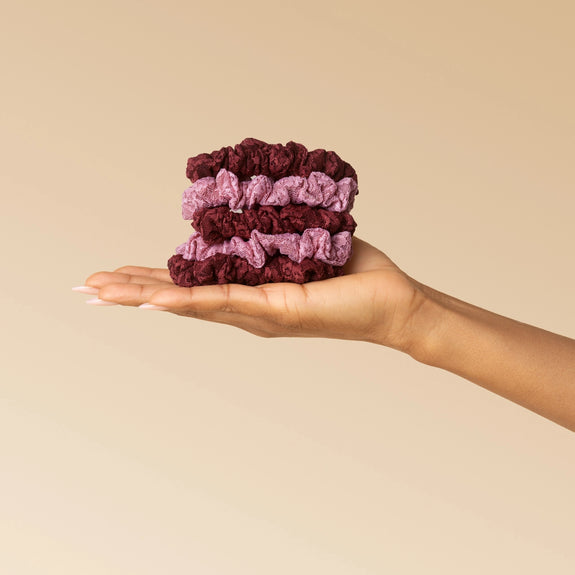 Kitsch Ruched Lace Scrunchies 5pc Set Cherry Lacquer & Dusty Pink