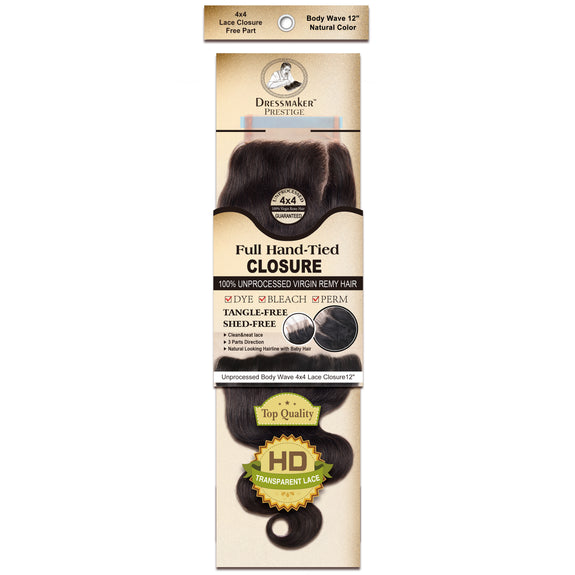 Dressmaker 100% Unprocessed Virgin Remy Body Wave Lace Closure Free Part 4x4 Natural Color