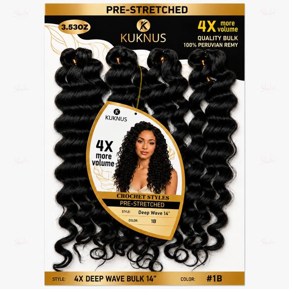 Kuknus Pre Stretched 100% Peruvian Remy Quality 4x Deep Wave Bulk 14"