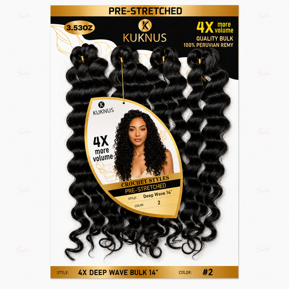 Kuknus Pre Stretched 100% Peruvian Remy Quality 4x Deep Wave Bulk 14"