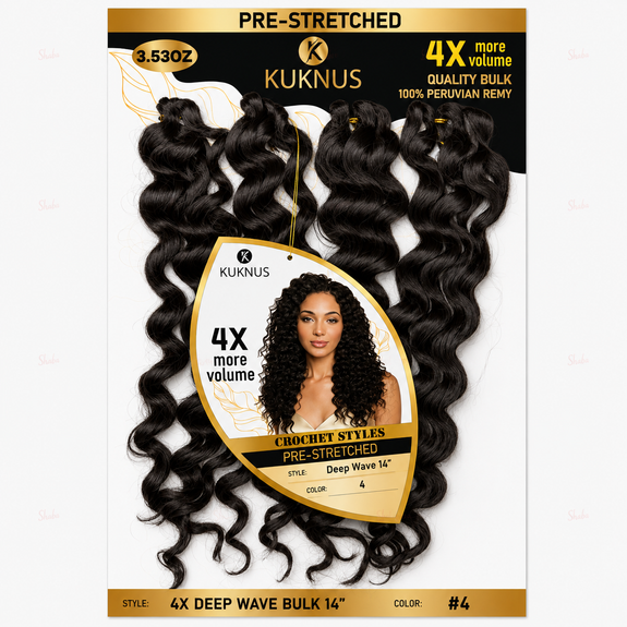 Kuknus Pre Stretched 100% Peruvian Remy Quality 4x Deep Wave Bulk 14"
