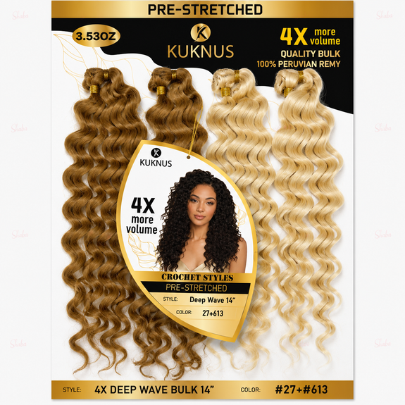 Kuknus Pre Stretched 100% Peruvian Remy Quality 4x Deep Wave Bulk 14"