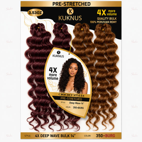 Kuknus Pre Stretched 100% Peruvian Remy Quality 4x Deep Wave Bulk 14"