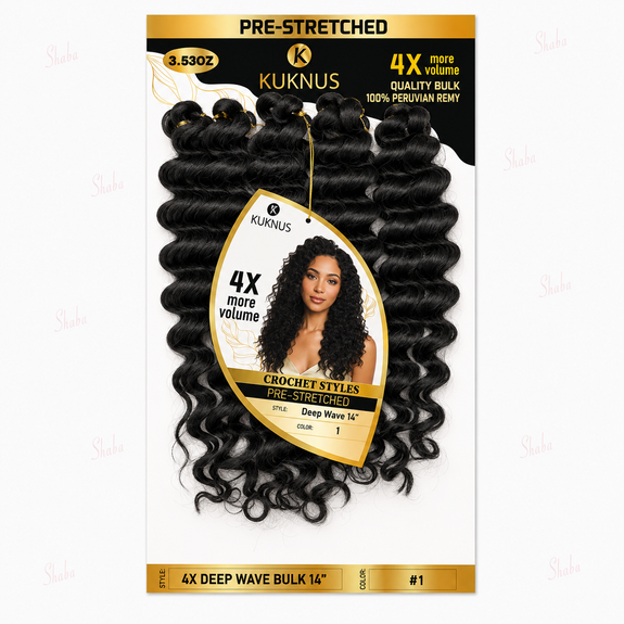 Kuknus Pre Stretched 100% Peruvian Remy Quality 4x Deep Wave Bulk 14"