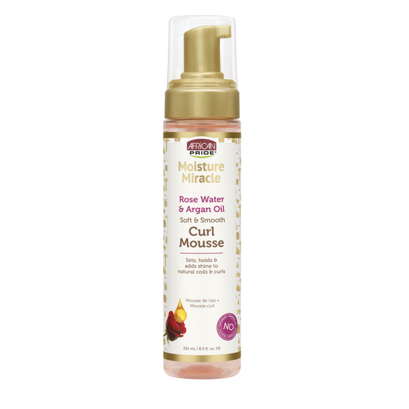 AFRICAN PRIDE MOISTURE MIRACLE ROSE WATER & ARGAN OIL CURL MOUSSE, 8.5FL OZ